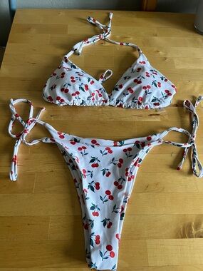 White Cherry Print Tie-Side Bikini- Medium